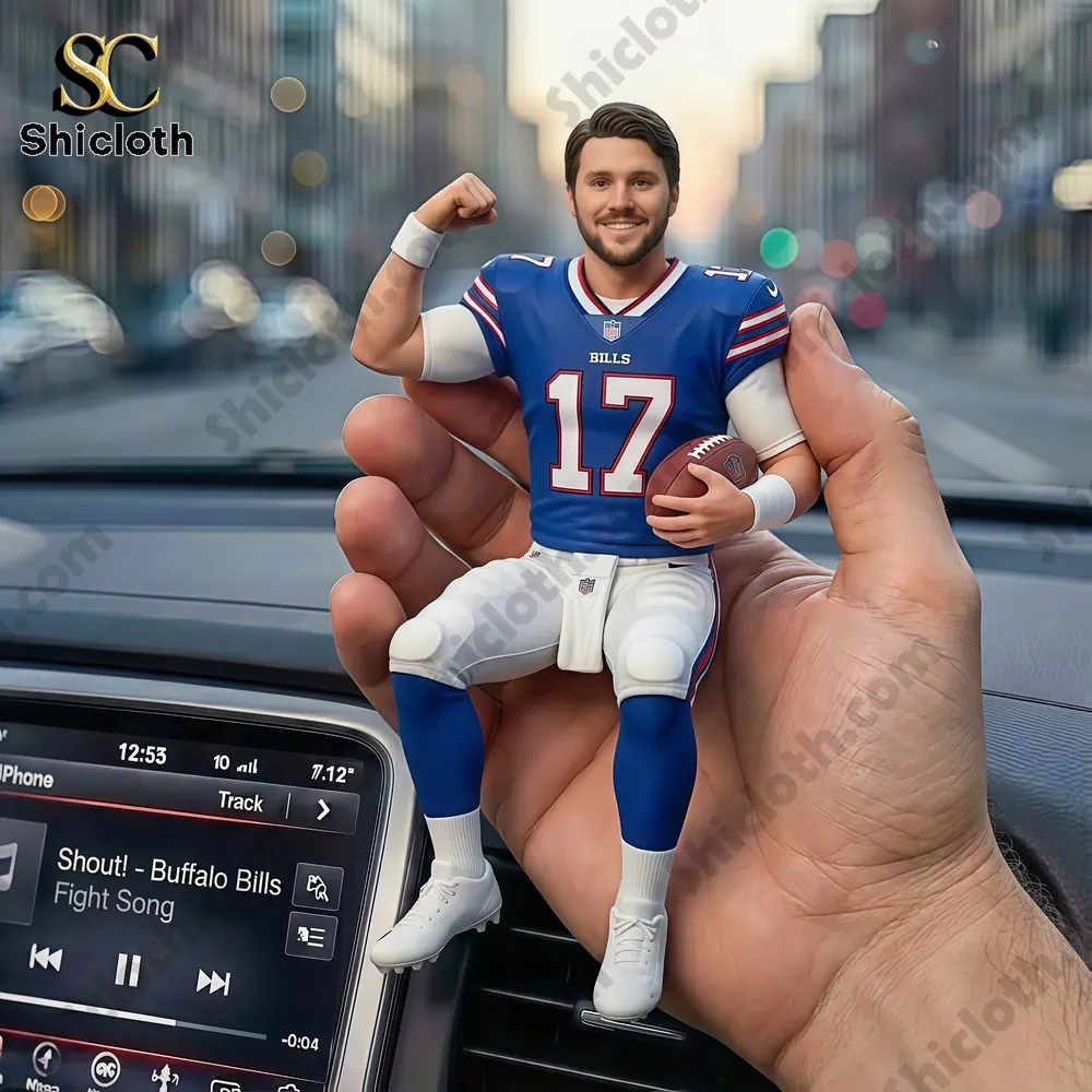 Mini Bills quarterback figure held in hand inside car!