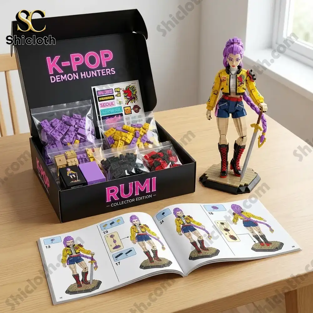 A buildable Rumi K POP Demon Hunter figure and boxed set with brick pieces and instruction booklet on a table!