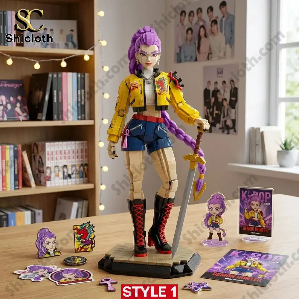 A completed Rumi K POP Demon Hunter figure stands on a base with accessories on a table in a decorated room!