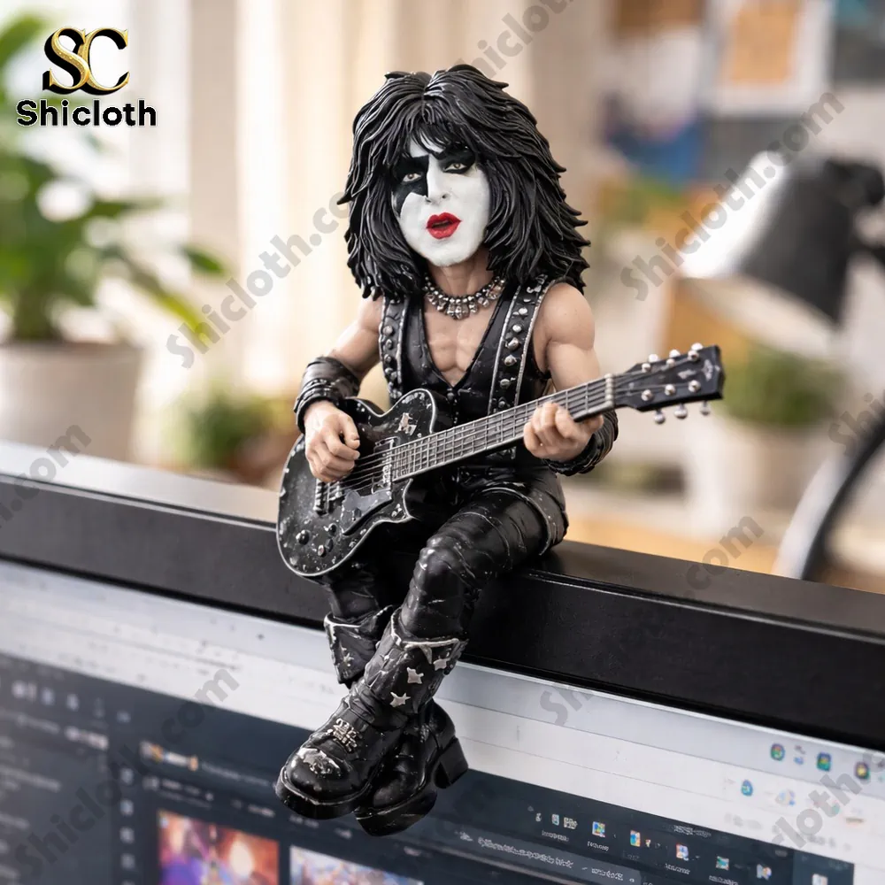 Rock guitarist figurine with face paint on monitor edge!
