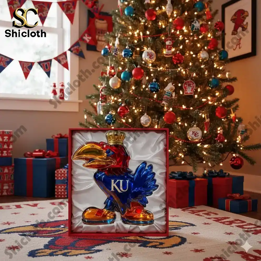 Jayhawk shaped KU themed bottle displayed in a gift box near a Christmas tree!