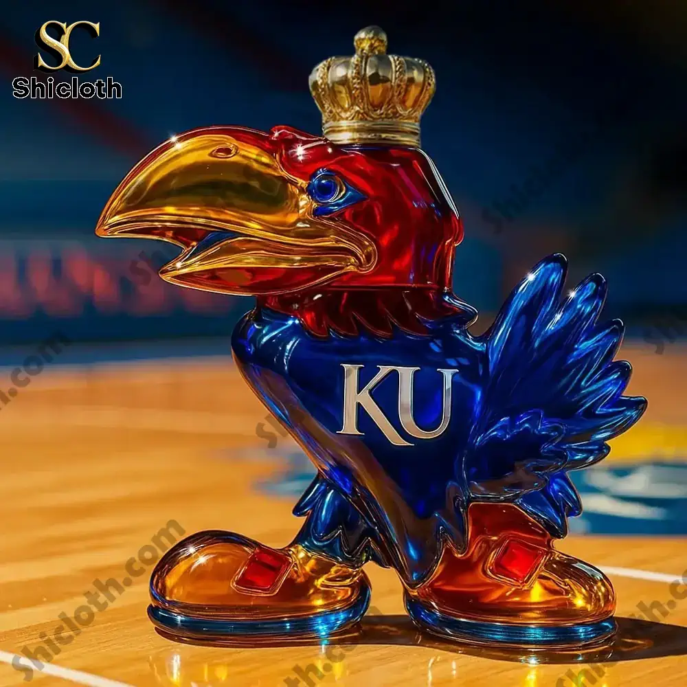 Jayhawk shaped KU themed bottle standing on a basketball court floor!