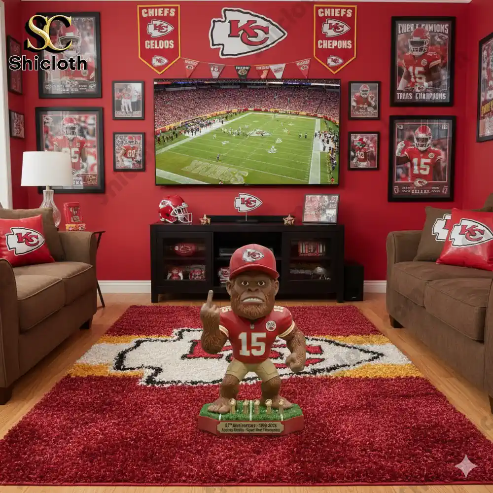 Kansas City Chiefs themed living room with mascot figure on red carpet!