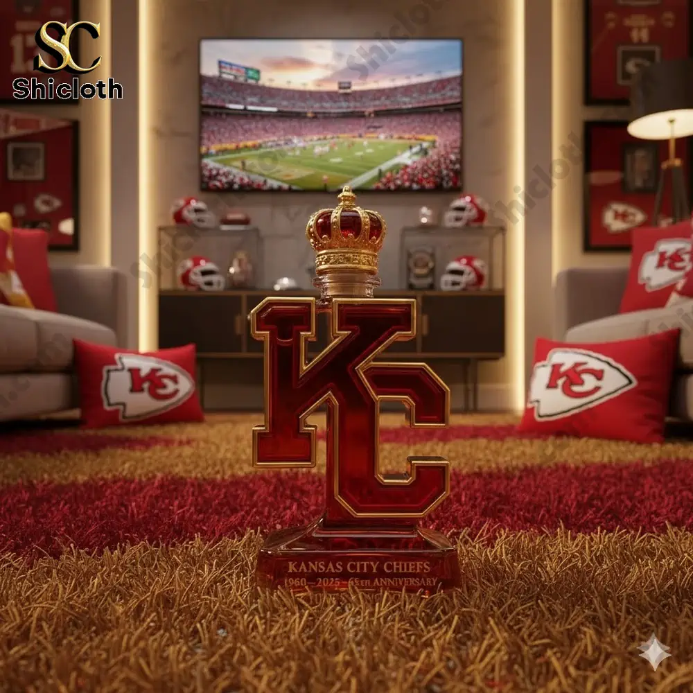 A KC shaped Chiefs themed display bottle with a crown placed on a carpeted floor in a football fan room!