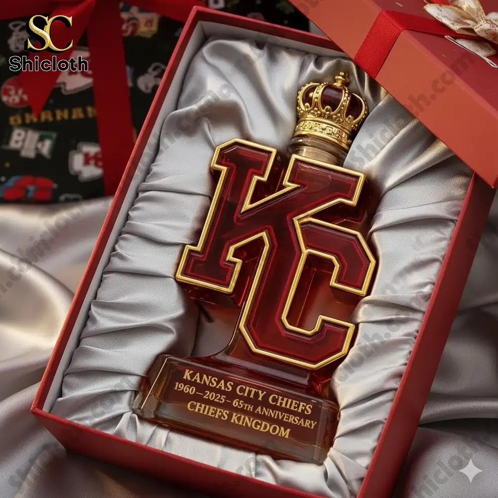 A KC shaped Chiefs themed display bottle with a crown set inside a satin lined gift box!