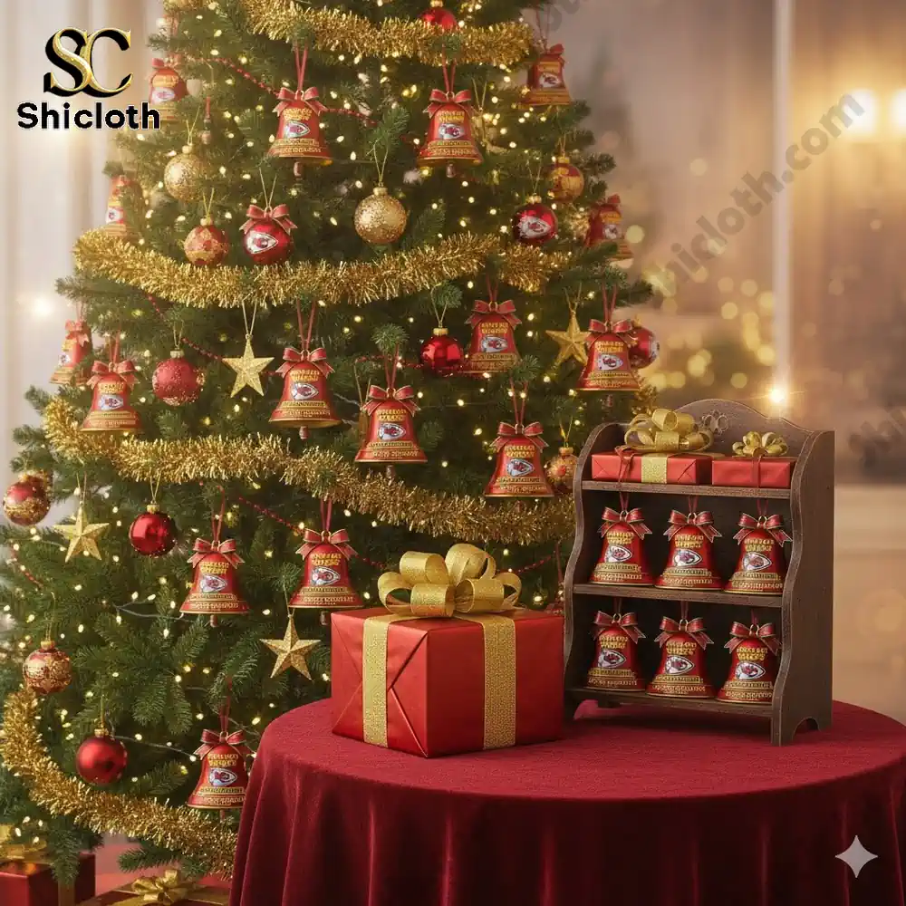 Christmas tree decorated with Kansas City Chiefs bell ornaments beside gift boxes.