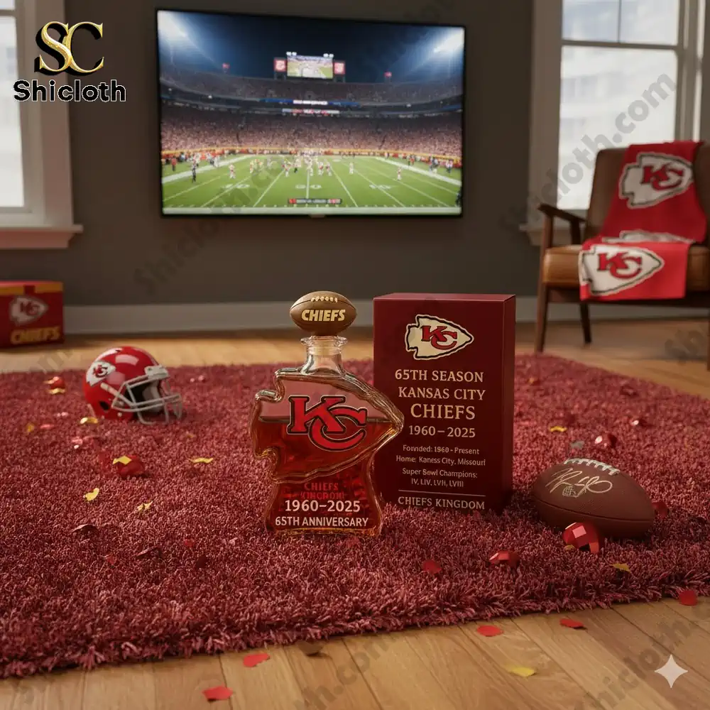 Kansas City Chiefs memorabilia displayed in front of a TV showing a football game.