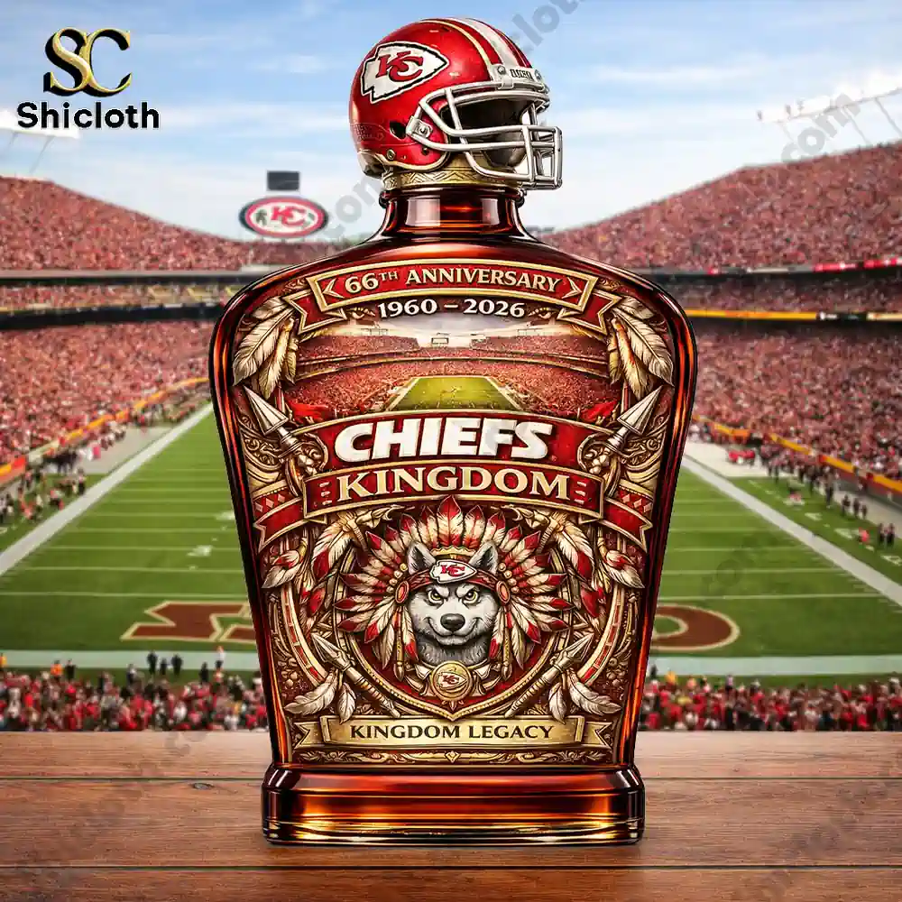Kansas City Chiefs anniversary whiskey decanter in stadium setting
