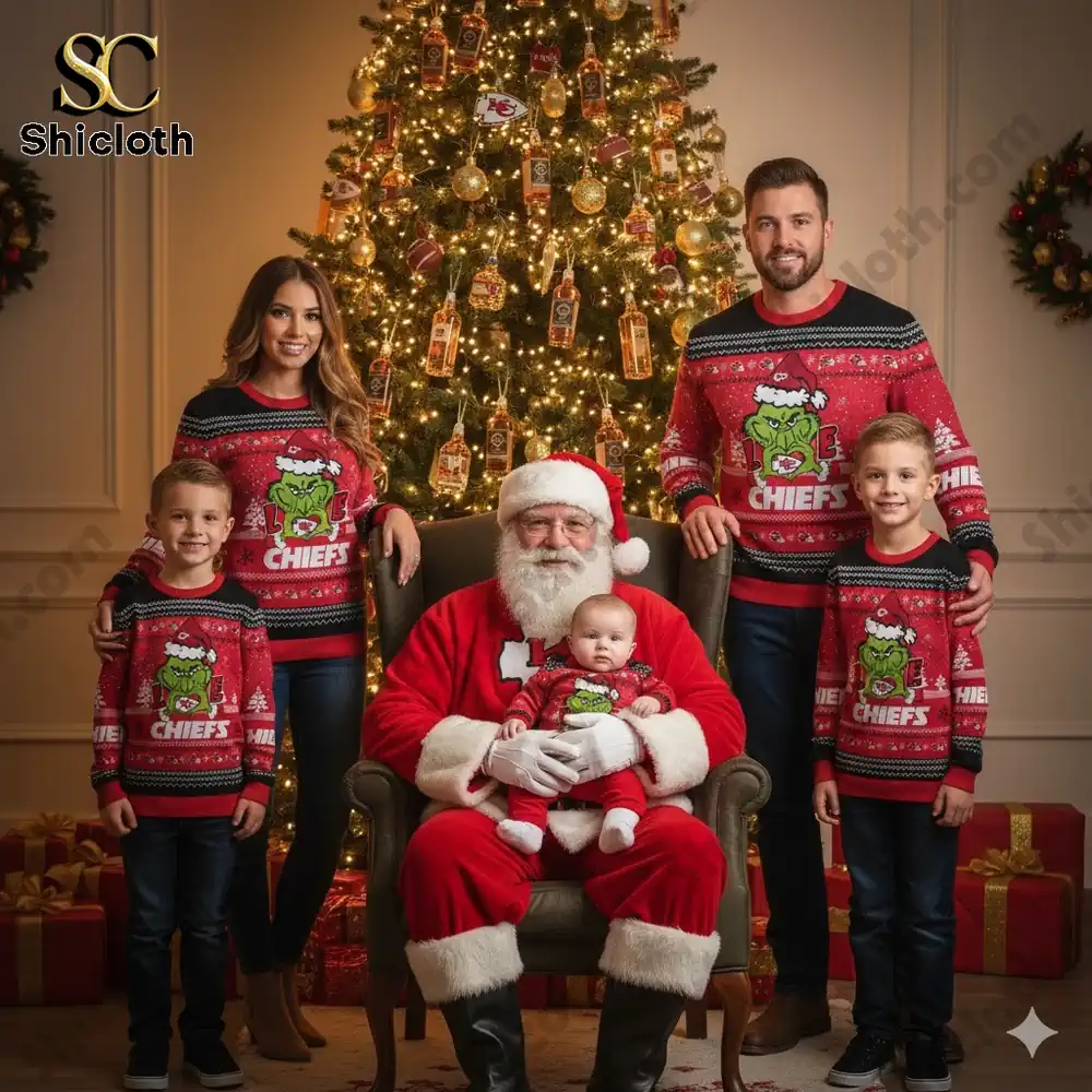 Kansas City Chiefs The Grinch wearing a Santa Claus hat Ugly Christmas Sweaters