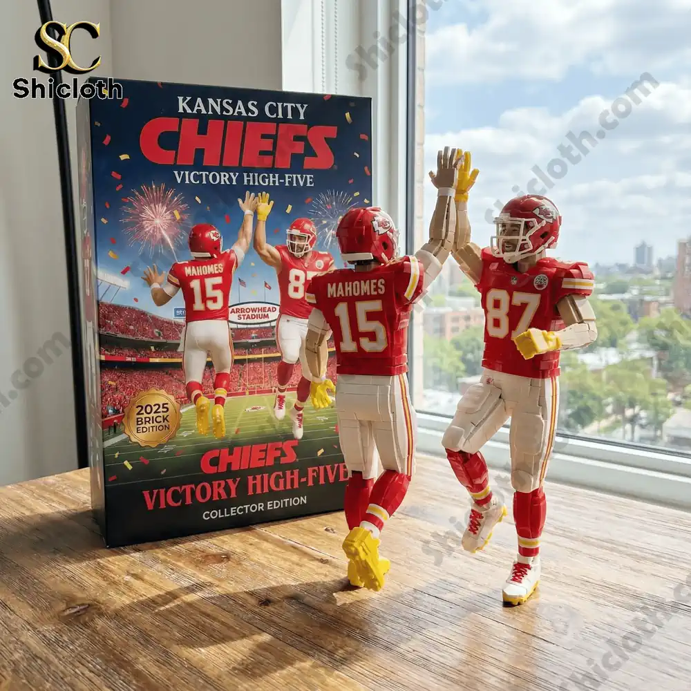 Two Kansas City football player figures in red uniforms giving a high five near a collector edition box on a table with a window view!
