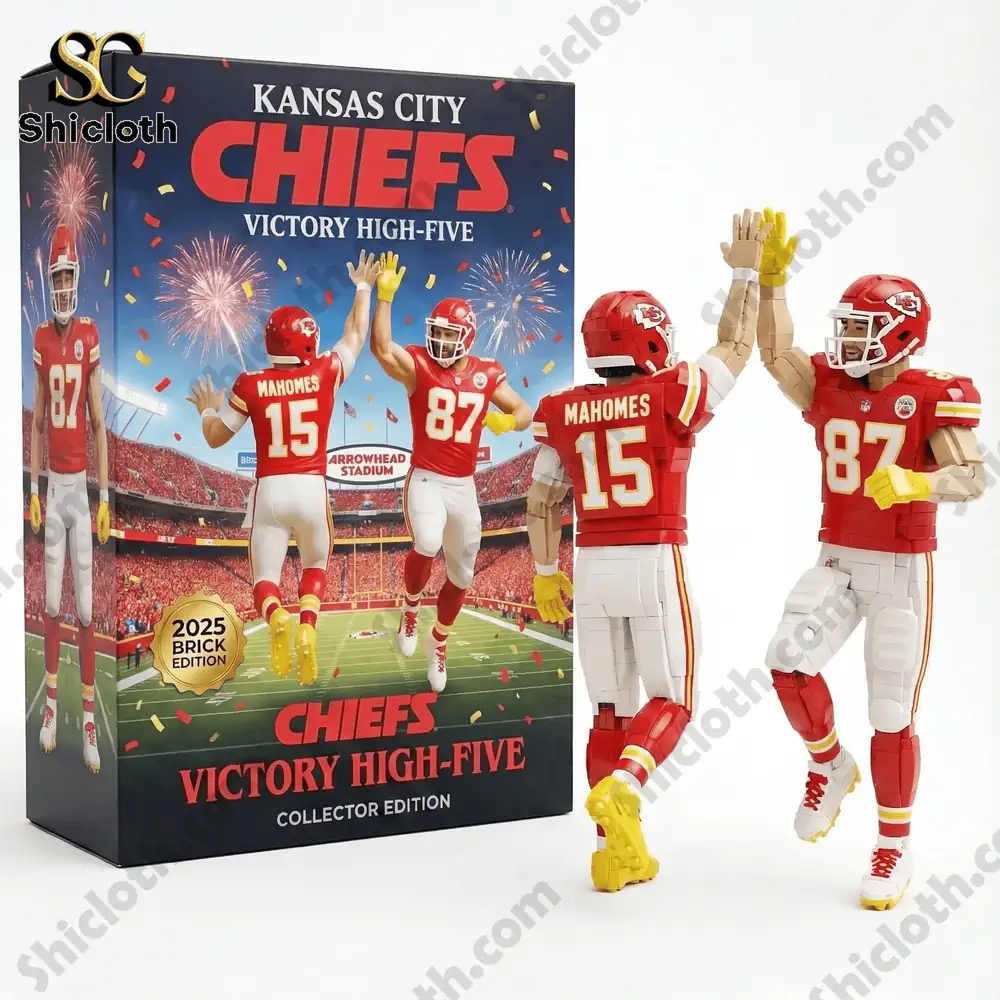 Two Kansas City football player figures giving a high five in front of a collector box on a plain white background!