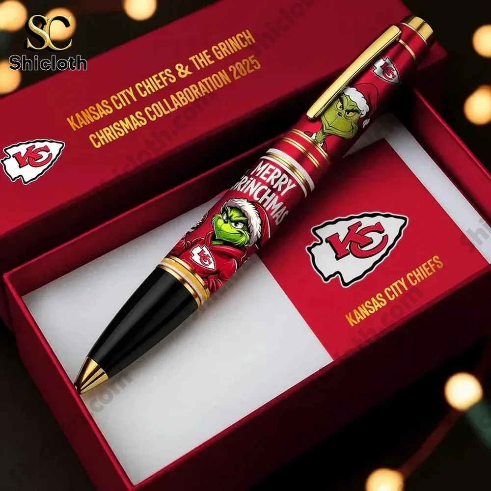 A Christmas themed pen featuring the Kansas City Chiefs and the Grinch in a gift box!