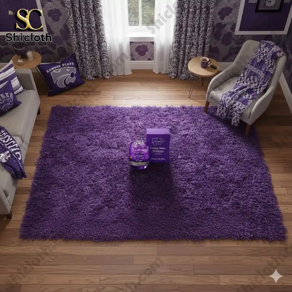 Kansas State Wildcats themed room with purple rug and whiskey glass!