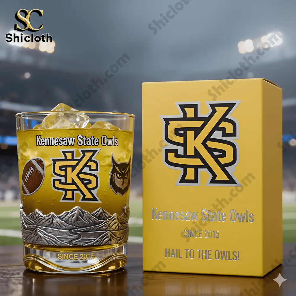Kennesaw State Owls whiskey glass with yellow box and team logo!
