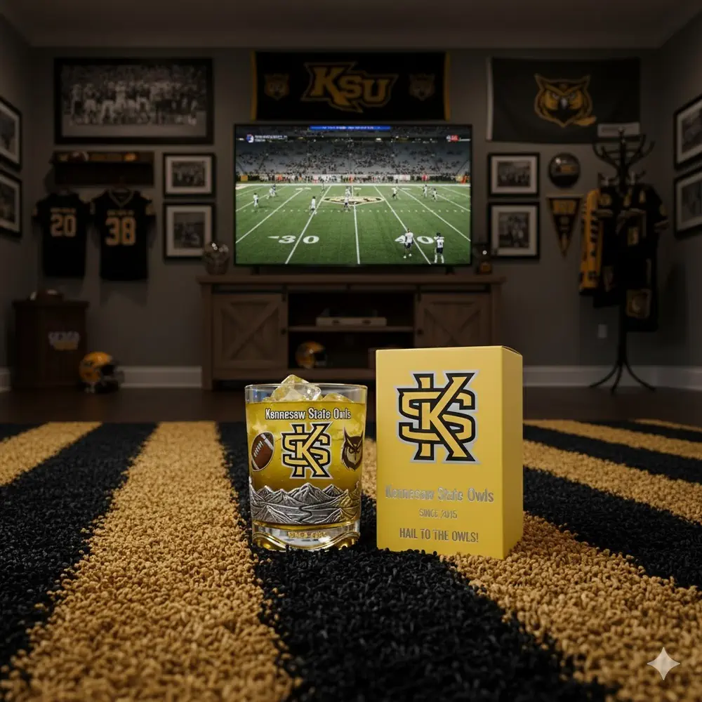 Glass featuring Kennesaw State Owls logo placed on a striped rug in a sports themed room with a game on a television!