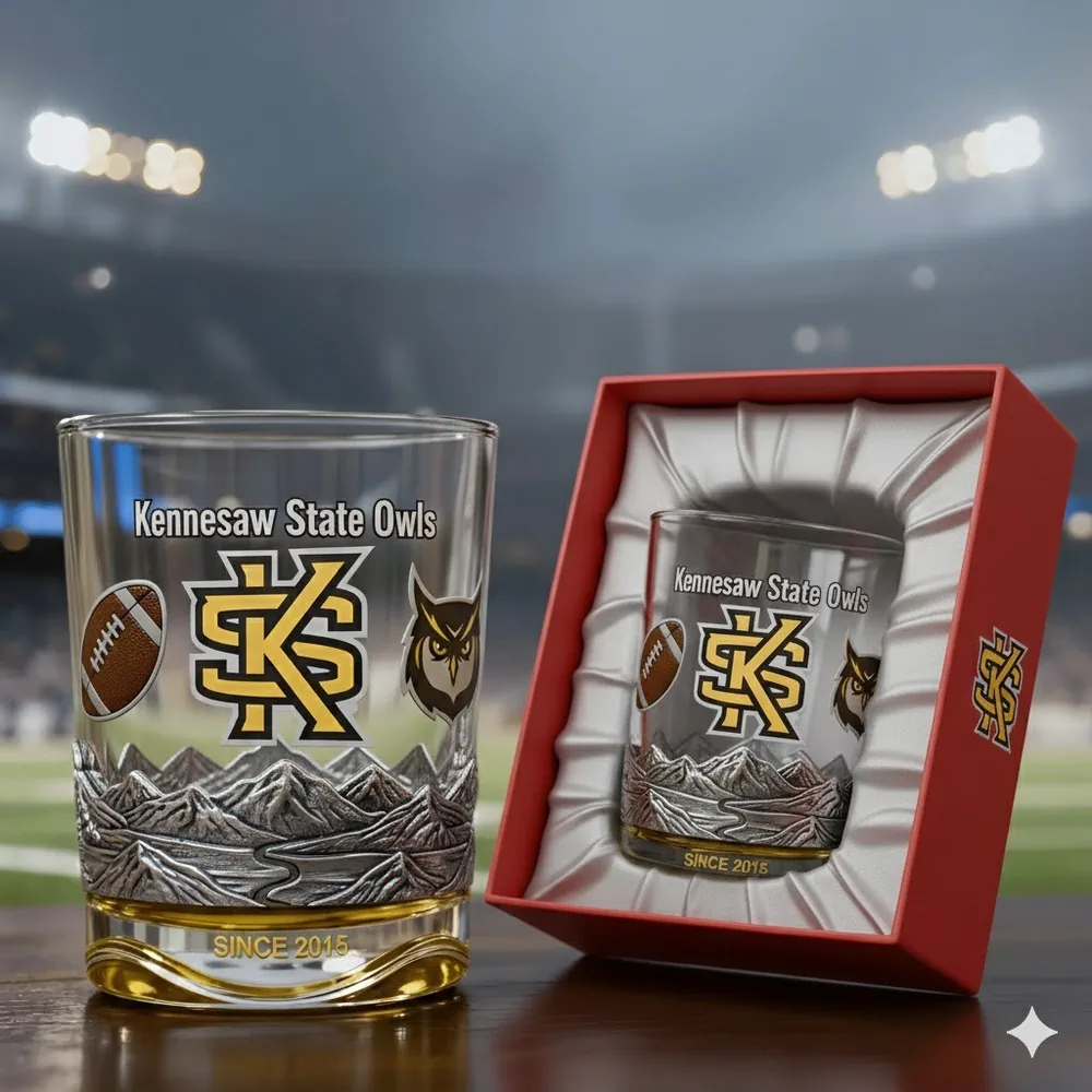 Kennesaw State Owls glass displayed beside its gift box in a stadium setting!