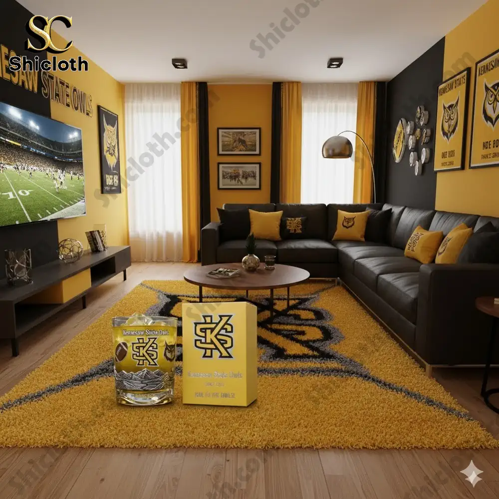 Kennesaw State Owls themed living room with Shicloth glass display!