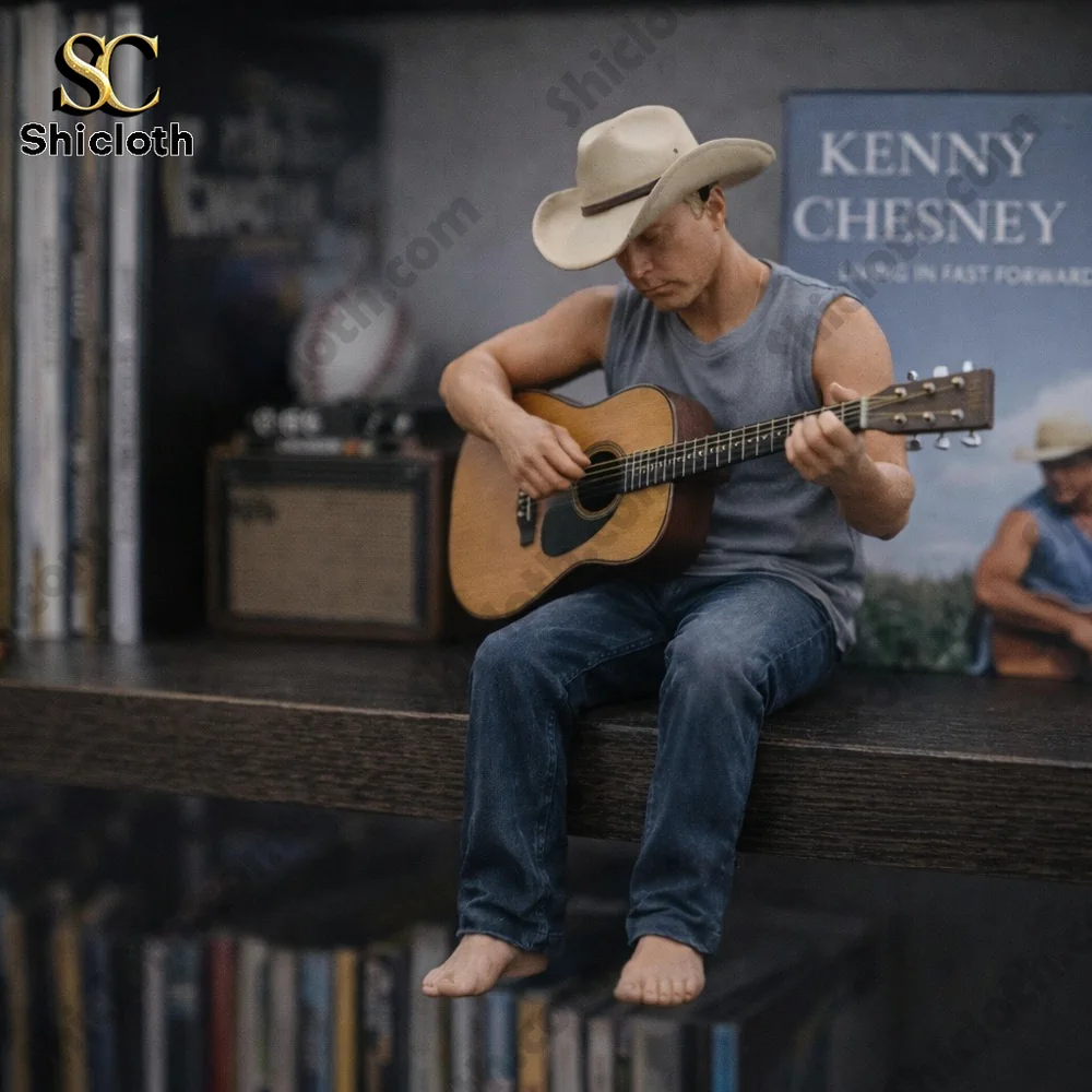 Tiny barefoot man playing acoustic guitar on a music shelf!