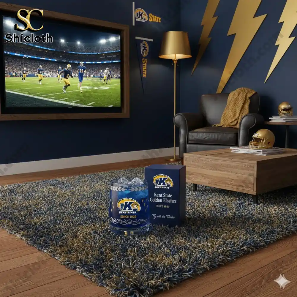 Kent State Golden Flashes glass in fan living room!