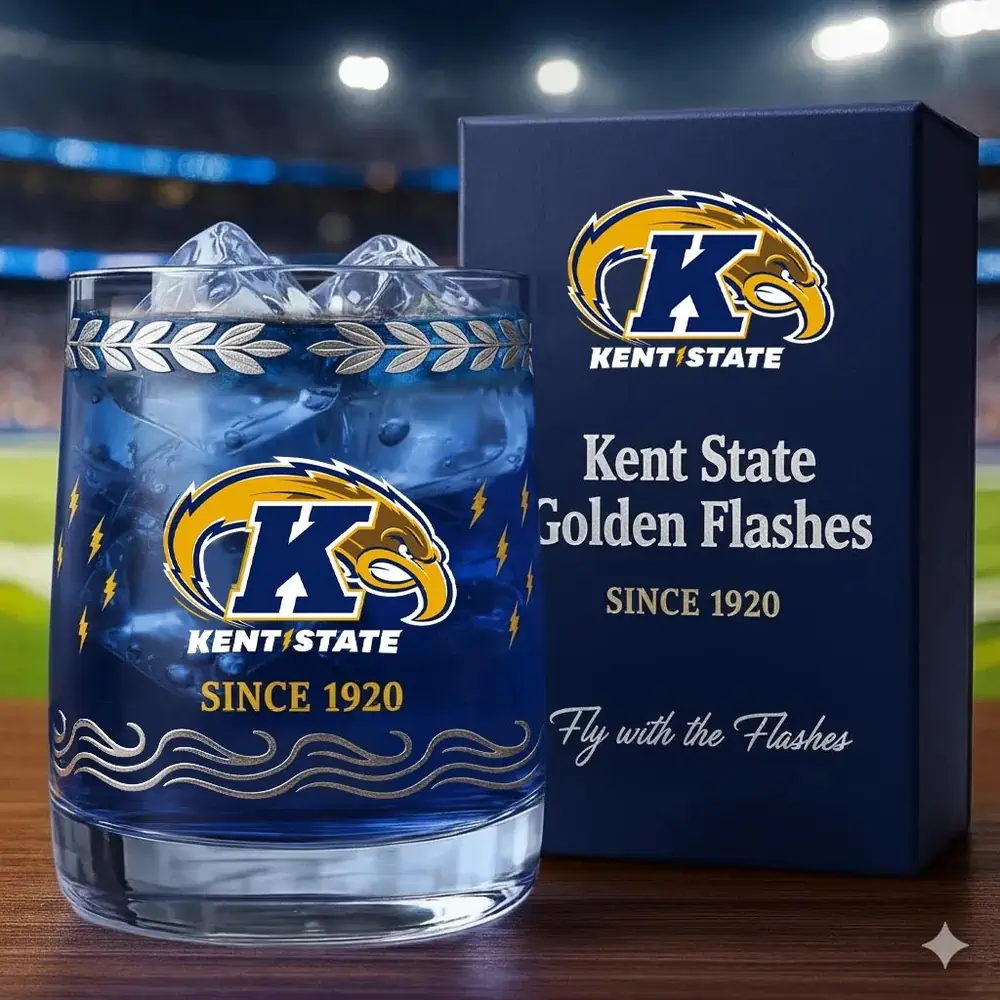 Kent State Golden Flashes Christmas Whiskey Glass 3 A Kent State glass with a matching box shown in a stadium setting.