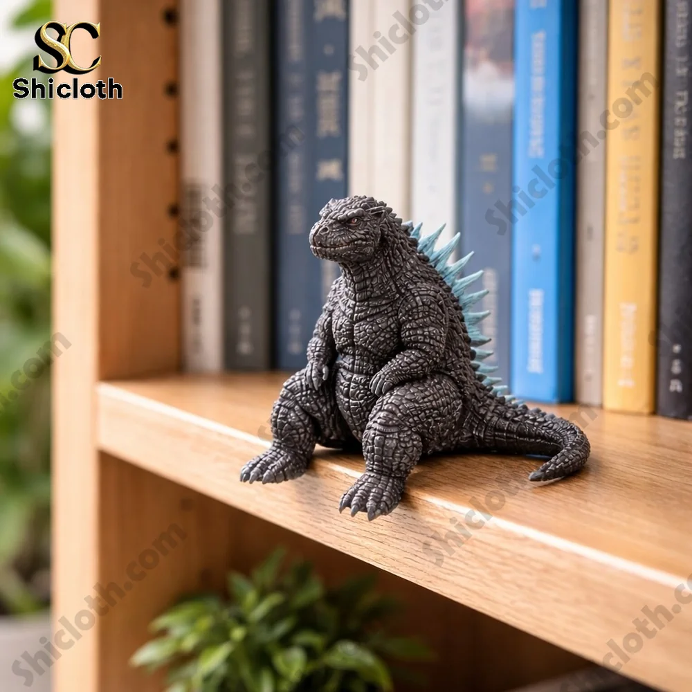 Monster figurine resting on bookshelf display!