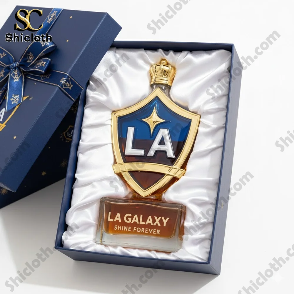 LA Galaxy whiskey bottle in a gift box with logo and crown design.