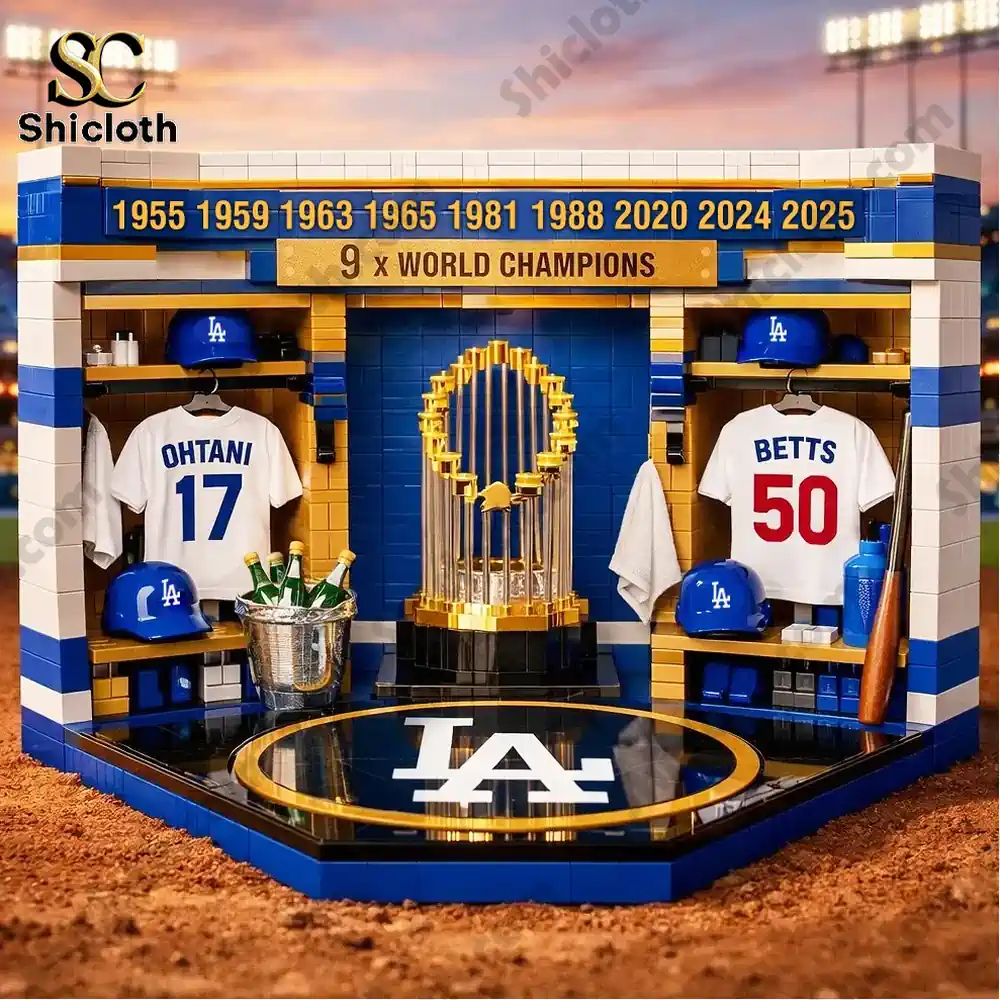 Baseball locker display with championship trophy and team jerseys!