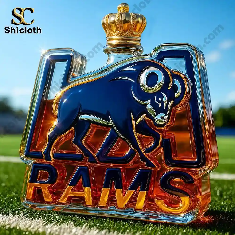 A bottle shaped like a Rams logo on a football field with a crown cap!