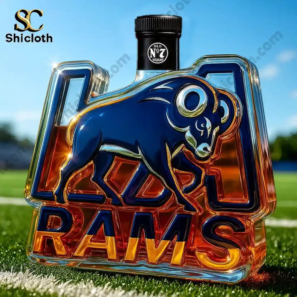 A bottle shaped like a Rams logo on a football field with a black cap!