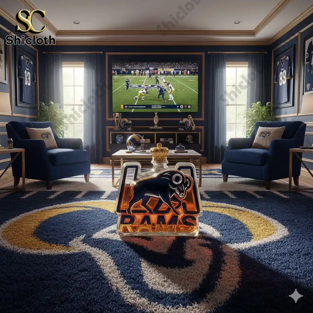 LA Rams NFL Football Whiskey Bottle 3 A Rams shaped bottle displayed in a football themed living room with a game on TV!