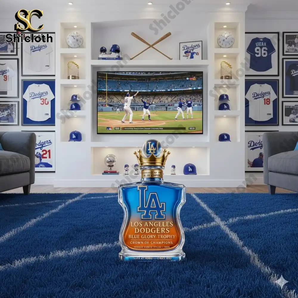 A display bottle with Los Angeles Dodgers branding placed in a baseball themed room.