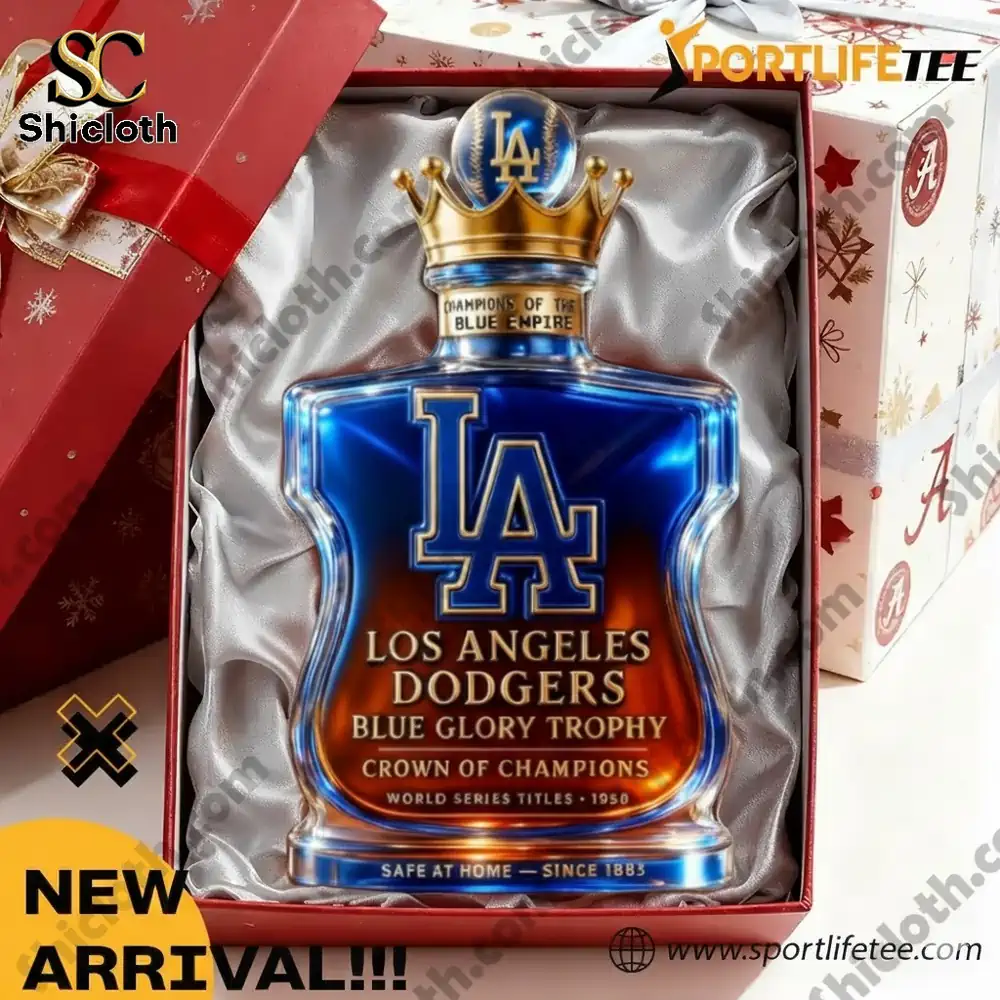 A Los Angeles Dodgers themed trophy bottle presented inside a gift box.