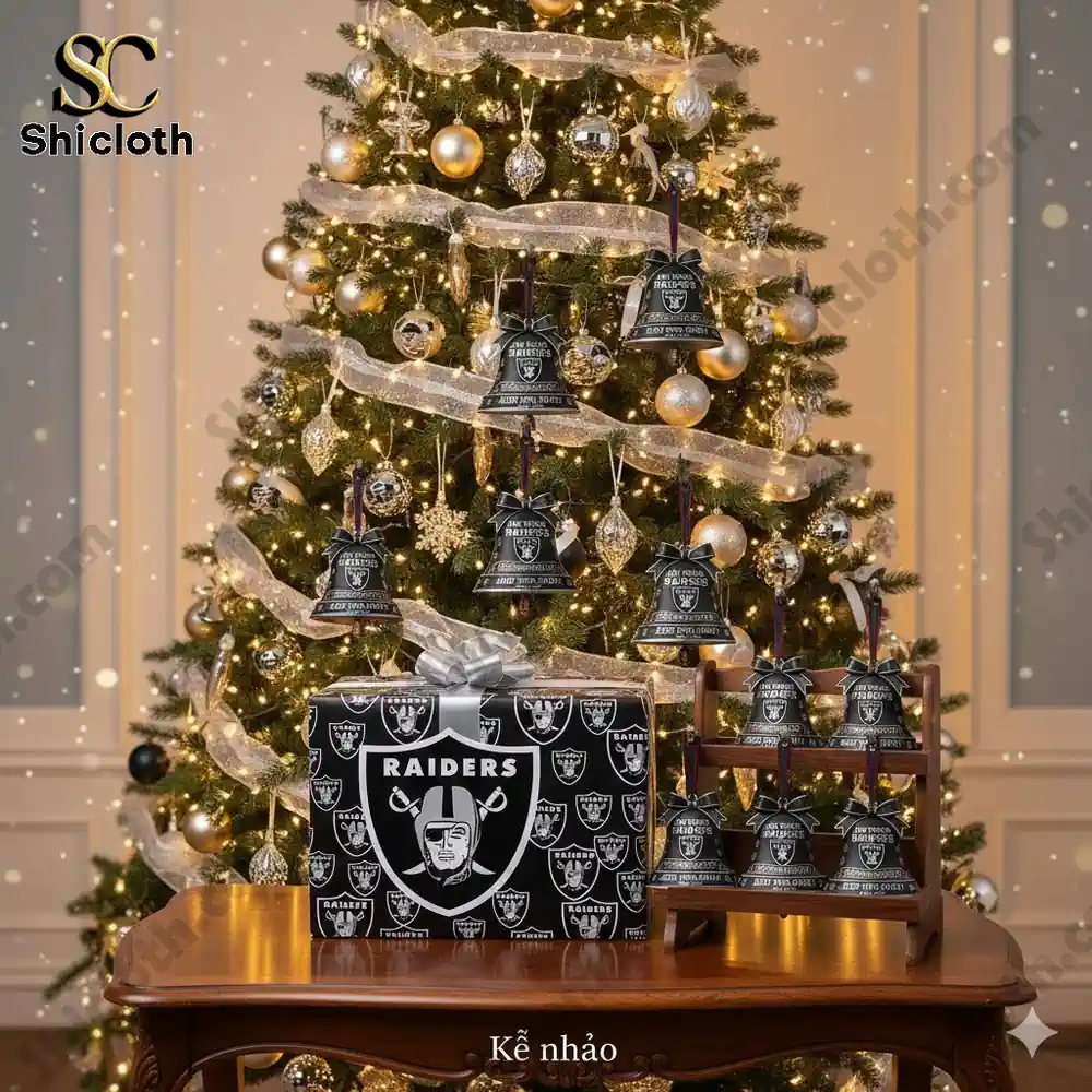 Christmas tree decorated with Raiders themed bells and a Raiders gift box from Shicloth.