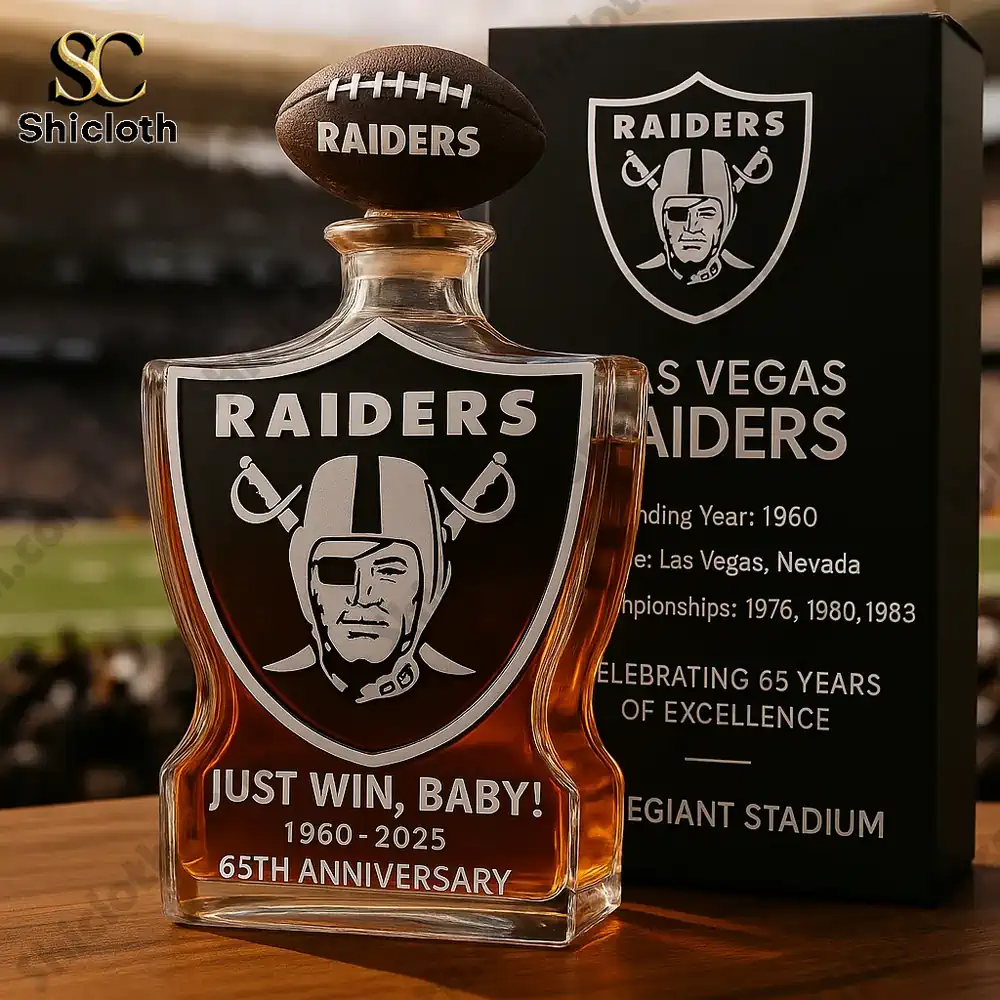 Close-up of a Raiders whiskey bottle with a football cap and packaging.