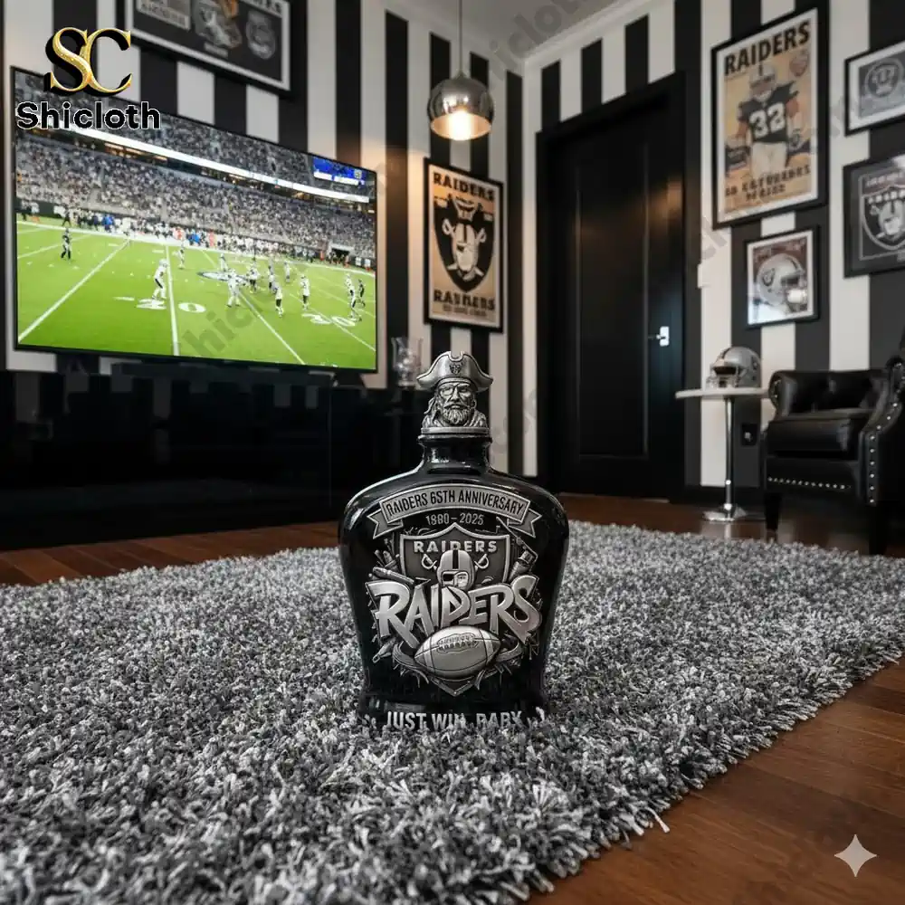 Las Vegas Raiders 65th Anniversary Just Win, Baby whiskey bottle displayed in a fan's Raiders-themed room.