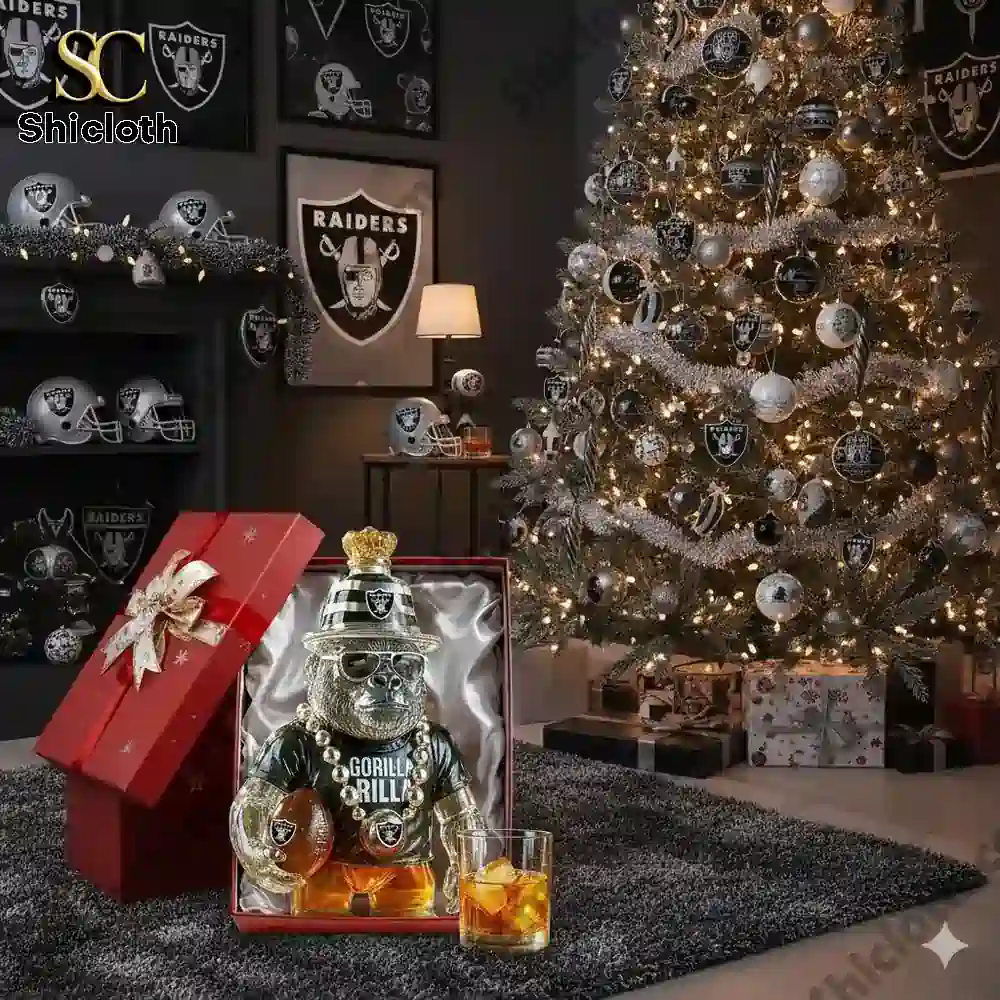 Gorilla shaped Raiders themed whiskey bottle displayed in a Christmas decorated room.