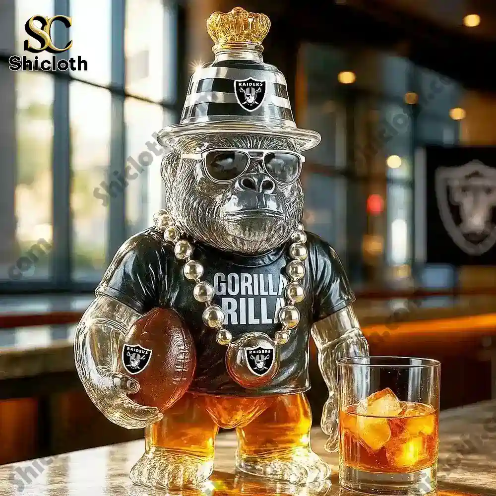 Gorilla shaped Raiders themed whiskey bottle standing on a bar counter.