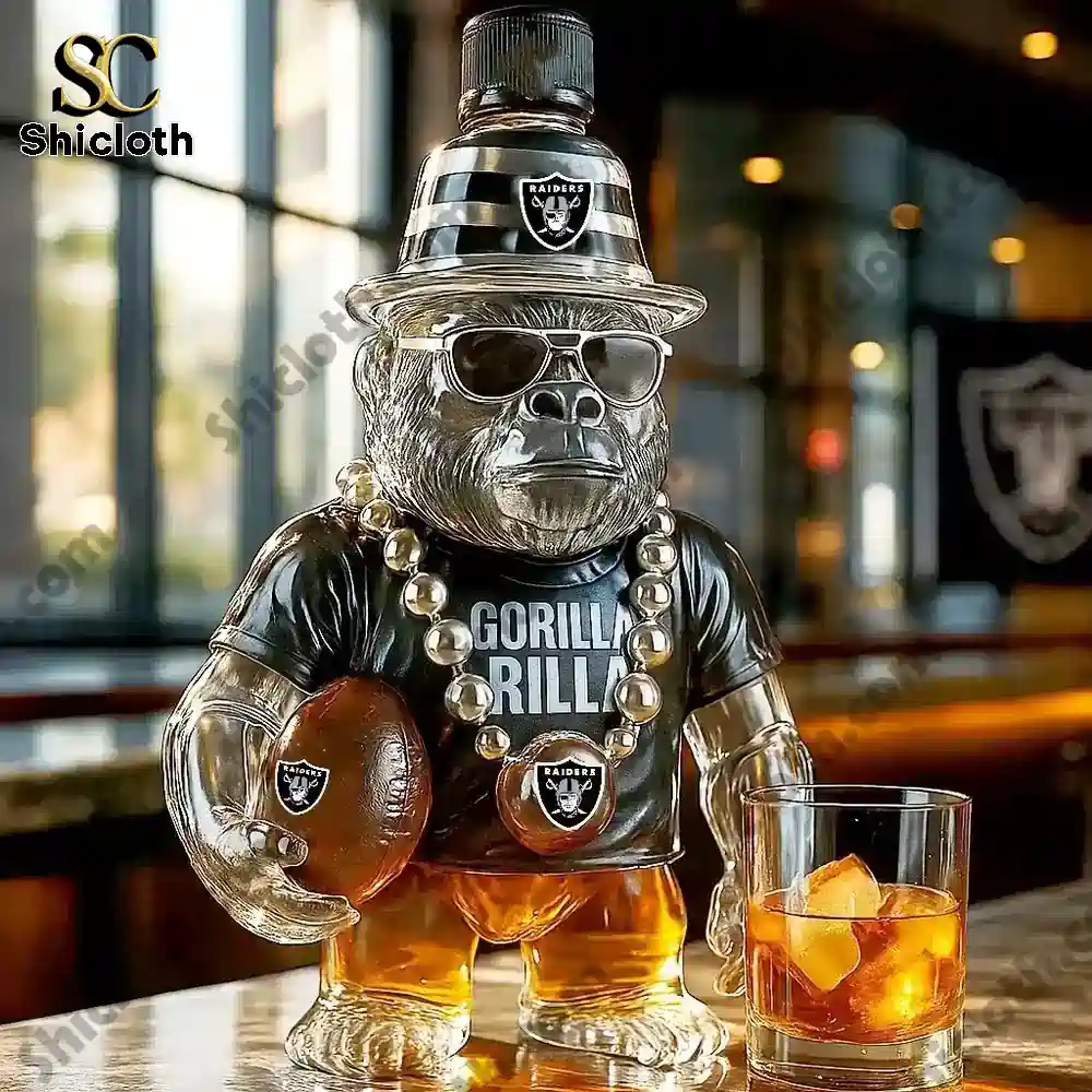 Las Vegas Raiders Gorilla Rilla Christmas Gift Whiskey Bottle 3 Gorilla shaped Raiders themed whiskey bottle with alternate hat design on a bar counter.