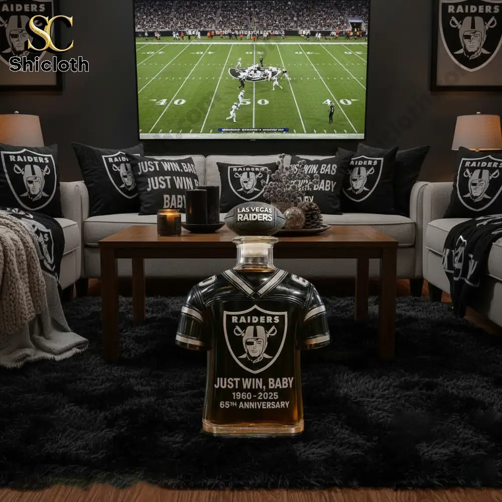 Raiders jersey shaped whiskey decanter in football themed living room!