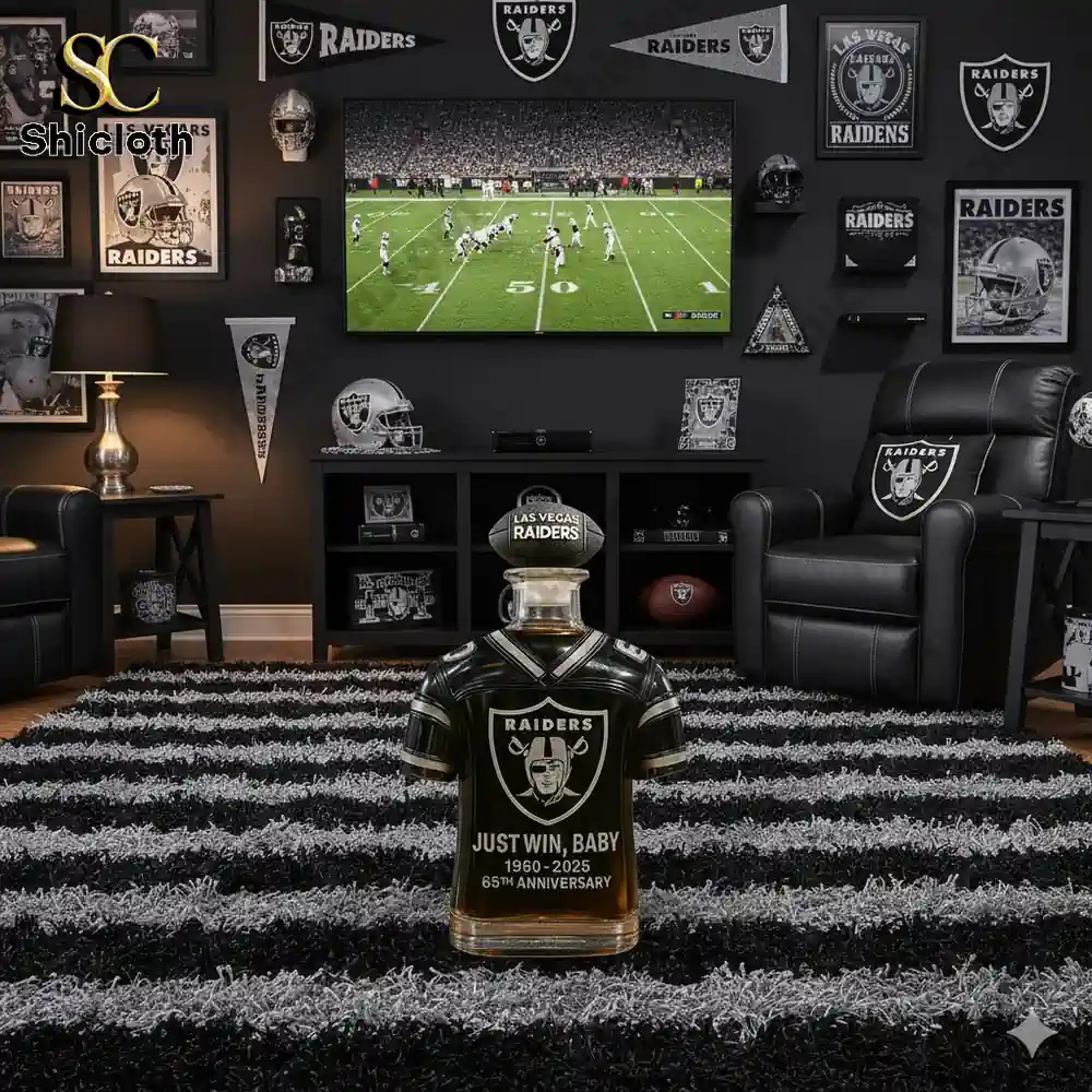 Las Vegas Raiders jersey whiskey bottle fan cave display