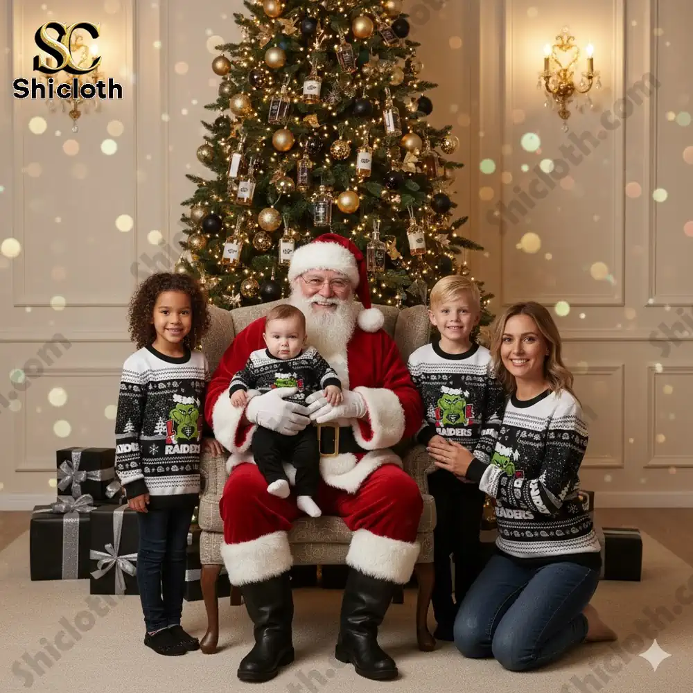Las Vegas Raiders The Grinch wearing a Santa Claus hat Ugly Christmas Sweaters