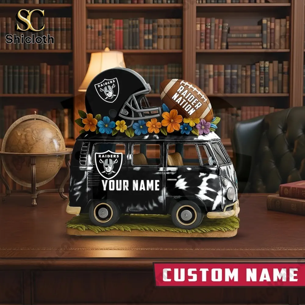 Raiders van bus acrylic plaque displayed on a classic wooden desk!
