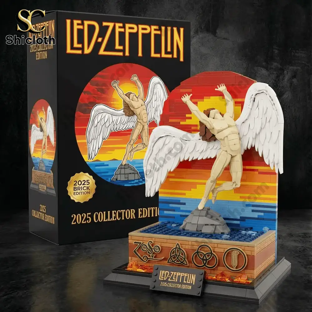 A brick figure with wings in front of a sunset background and a Led Zeppelin style box.