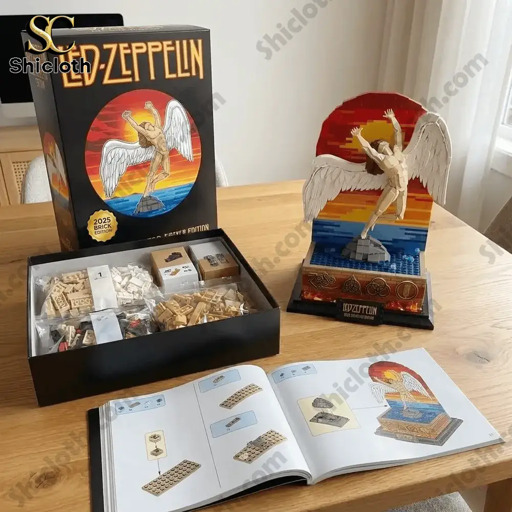 A brick set box opened on a table with instruction book and a winged figure display.