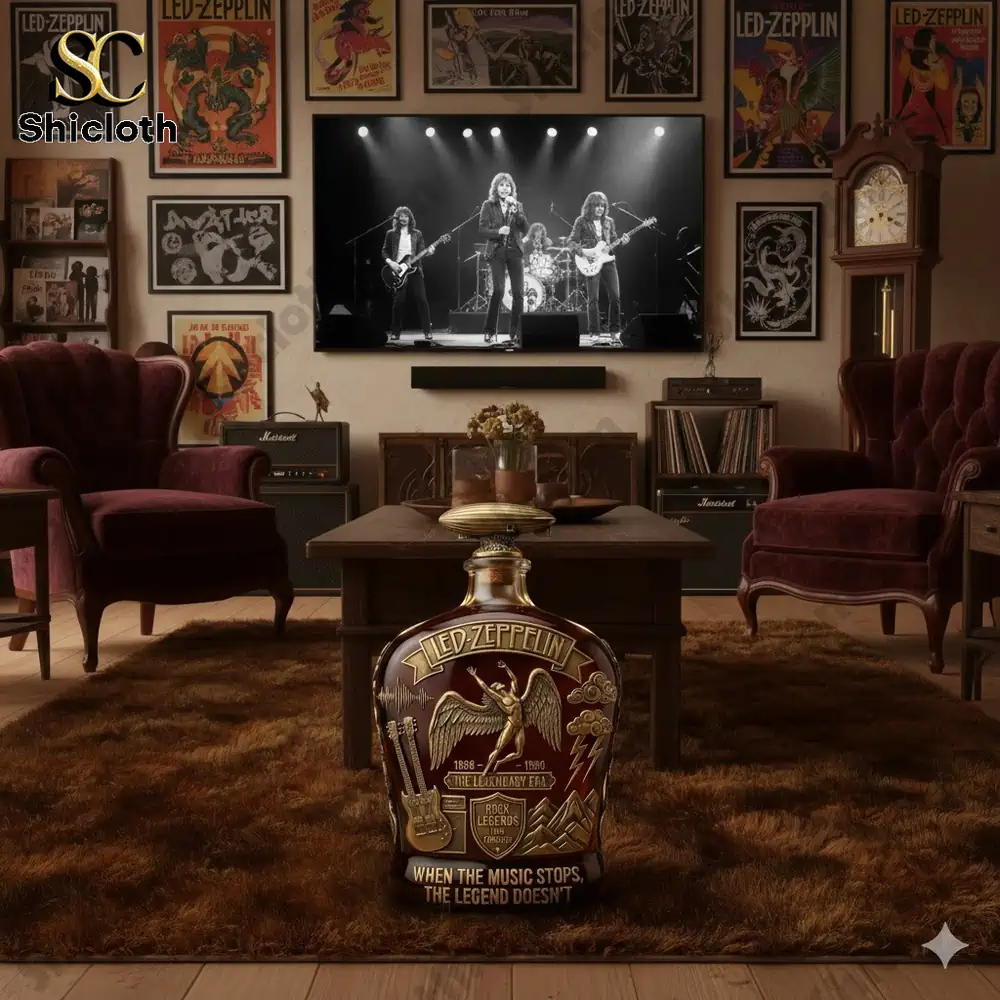 Alt text A vintage room with Led Zeppelin posters and a decorative bottle in the foreground!