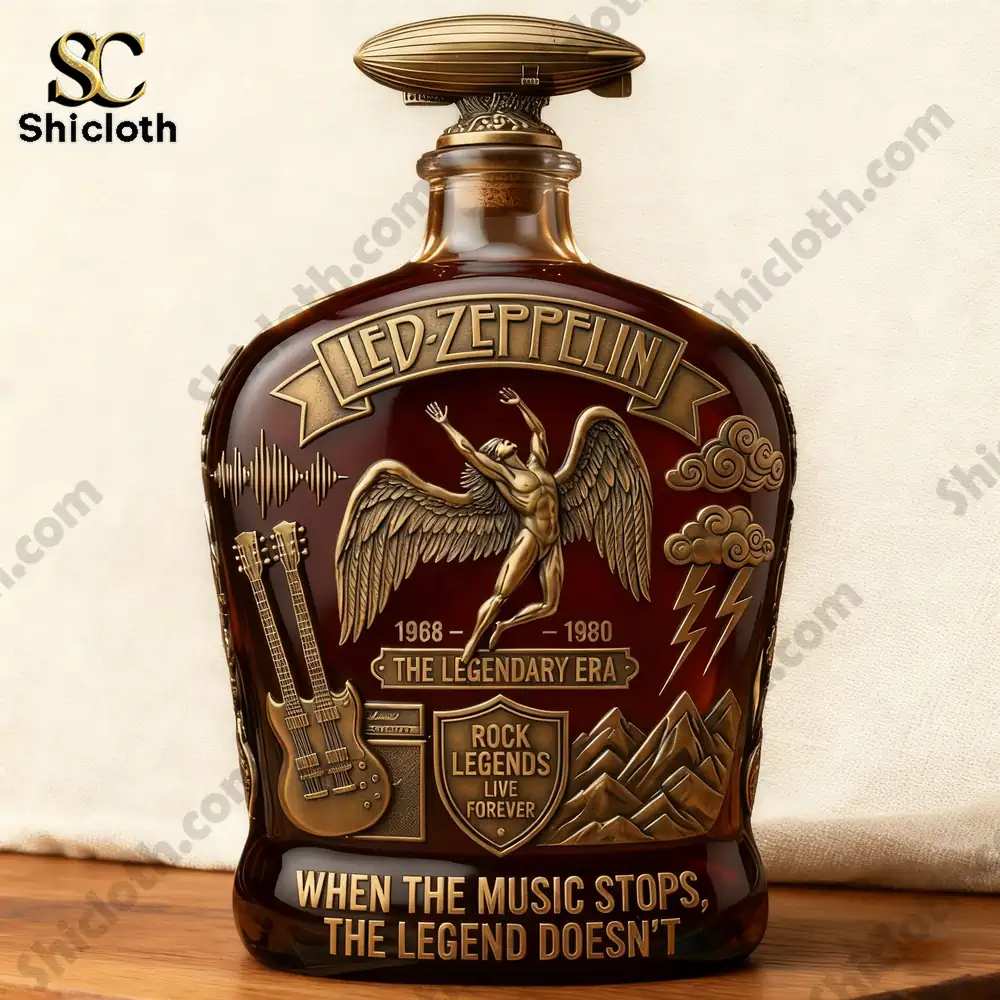 Alt text A close up of a Led Zeppelin themed display bottle with engraved details!