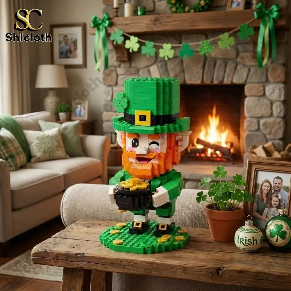 Leprechaun brick figure holding gold pot on table!
