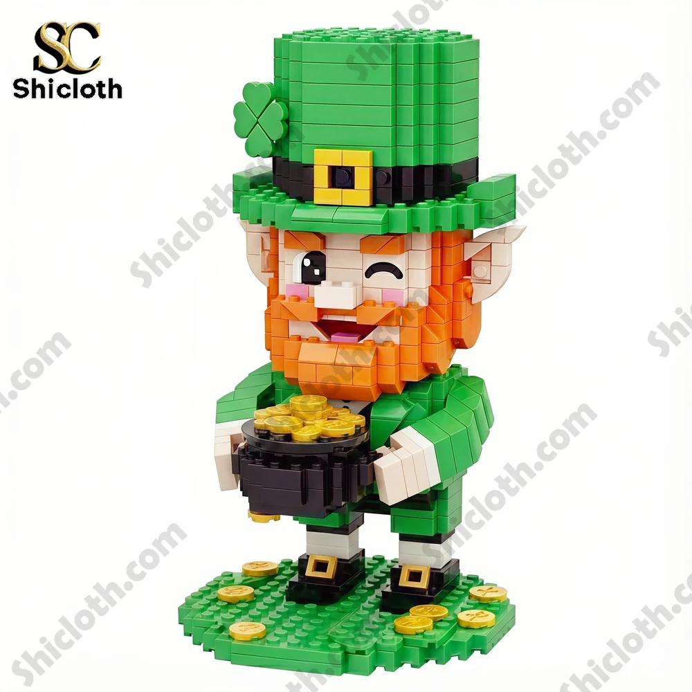Leprechaun brick figure holding gold pot on white background!