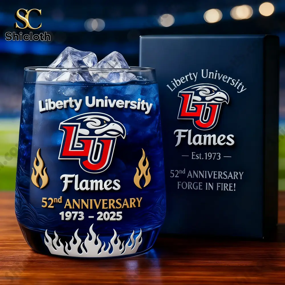 Liberty University Flames anniversary glass with ice cubes and blue design!