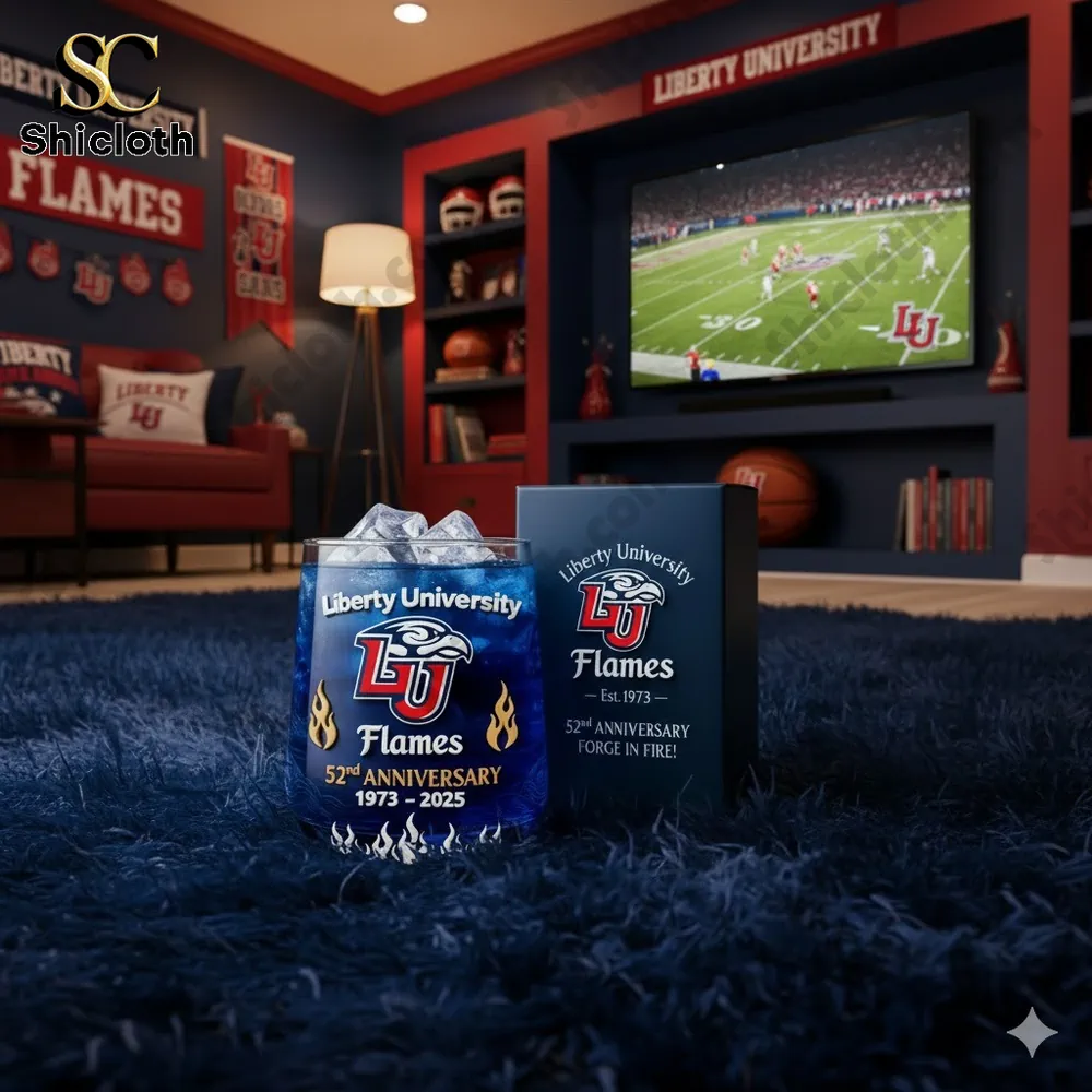 Liberty University Flames anniversary glass displayed in a themed sports living room!